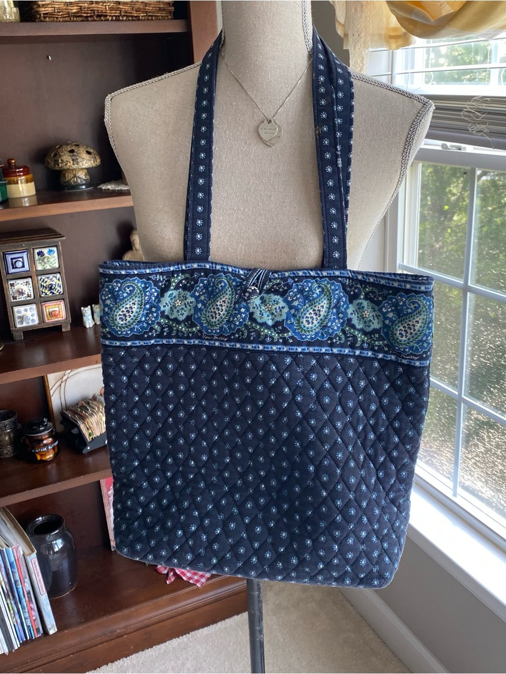 Vera Bradley Quilted Navy Paisley-Trim Tote Bag - Women's Shoulder Tote - Picture 1 of 16